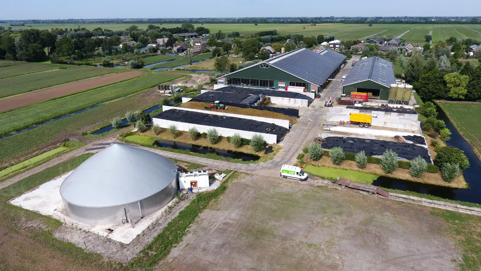 Aerial view of a farm with a Biolectric digester